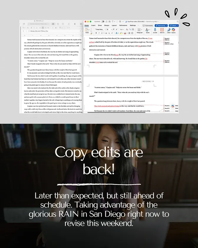 YAY I got copyedits! Cried a bit over the wall of red, but y’know. It’s okay. Just part of the process.